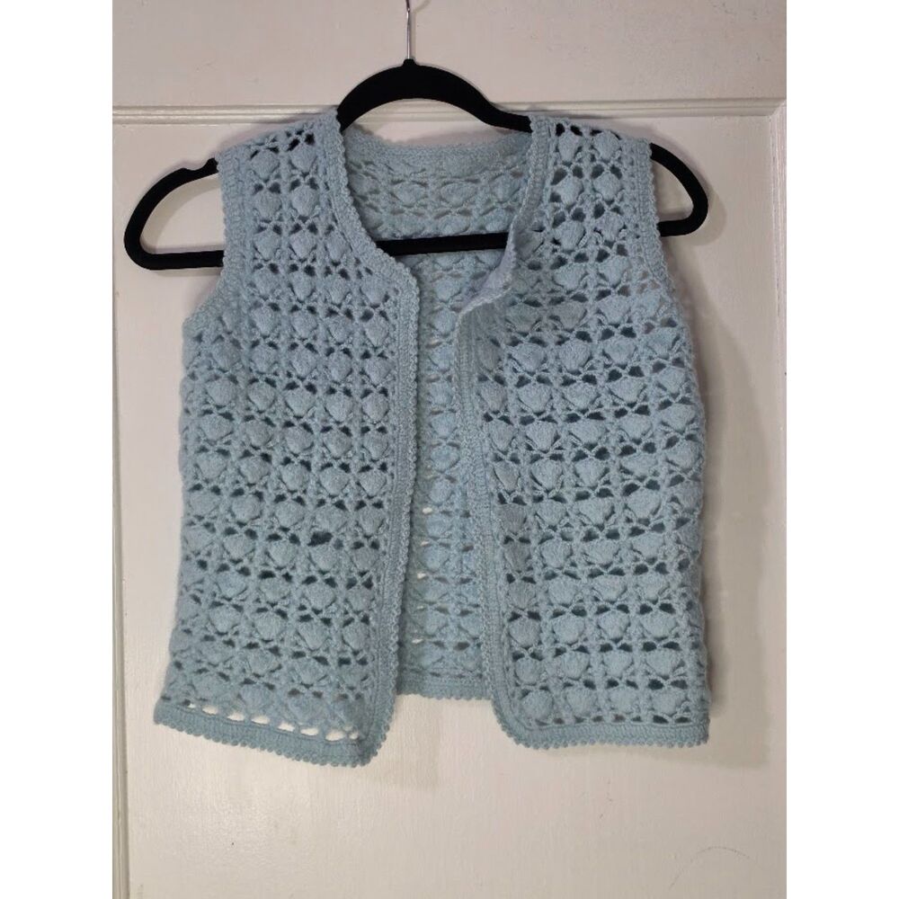 Handmade, light-blue openwork crochet vest featuring a textured shell pattern S